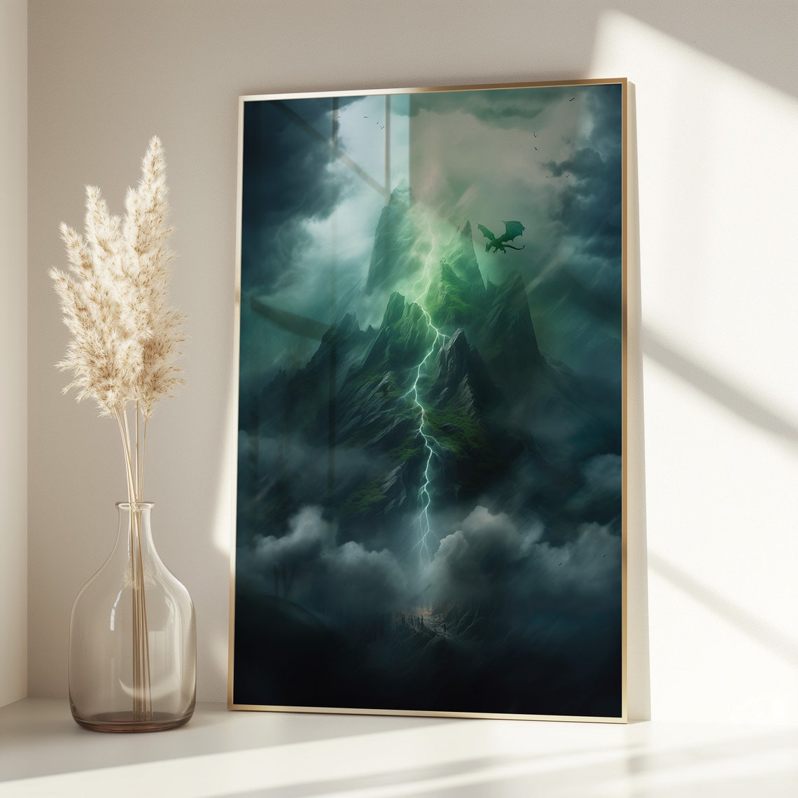 Lightning Storm Dragon Soaring Over Emerald Mountain Peaks Poster - Image 3