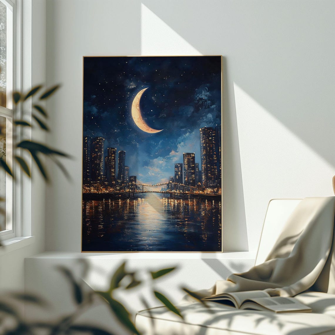Crescent Moon Night City Skyline Watercolor Night Decor Poster - Image 2