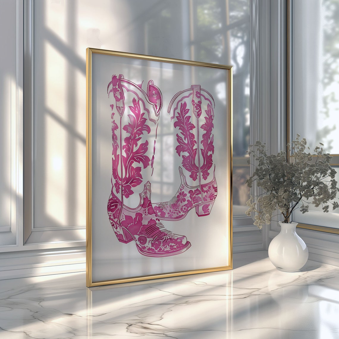 Pink Floral Cowboy Boots Botanical Western Line Art Wall Poster - Image 3
