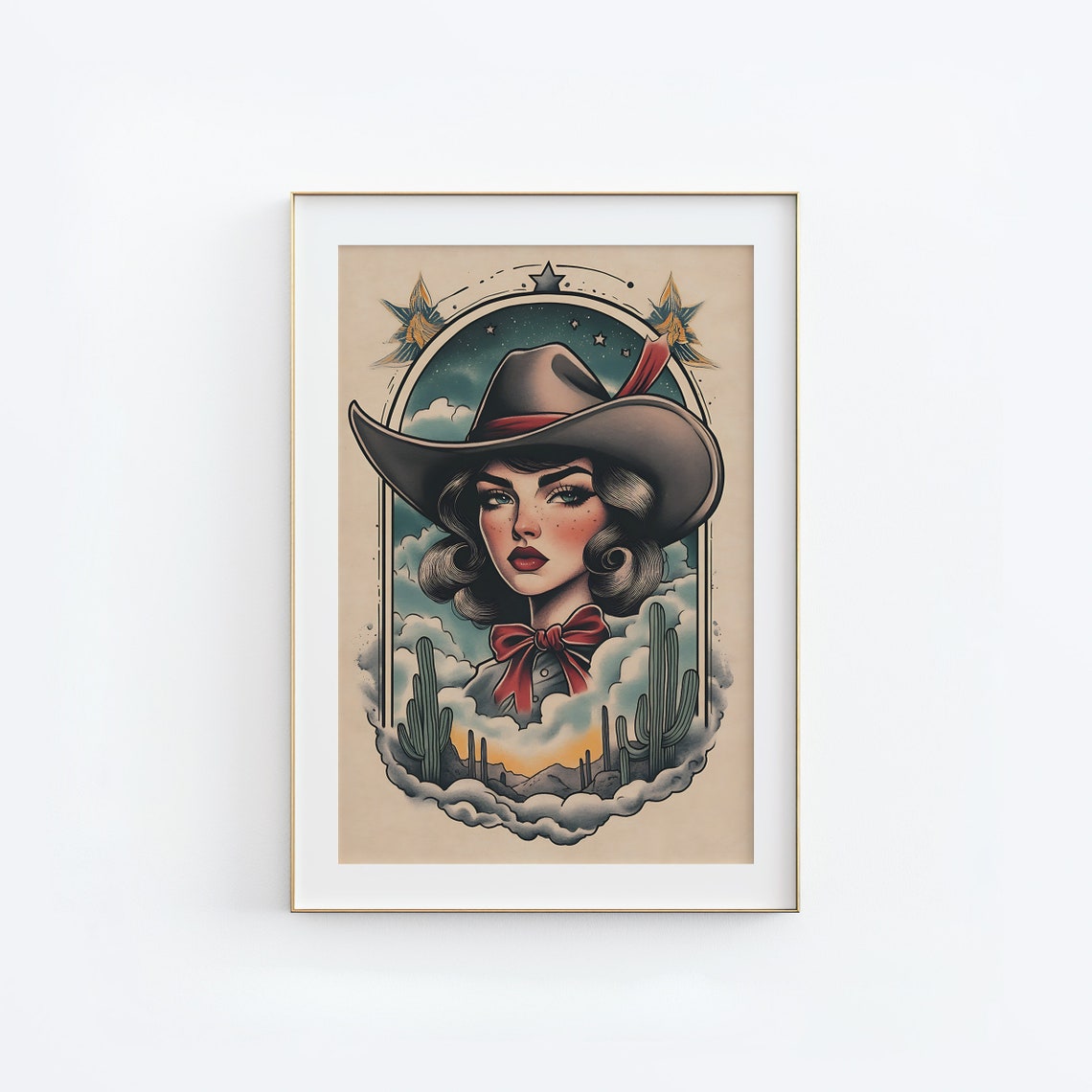 Vintage Tattoo Style Cowgirl Portrait Among Desert Cacti Poster