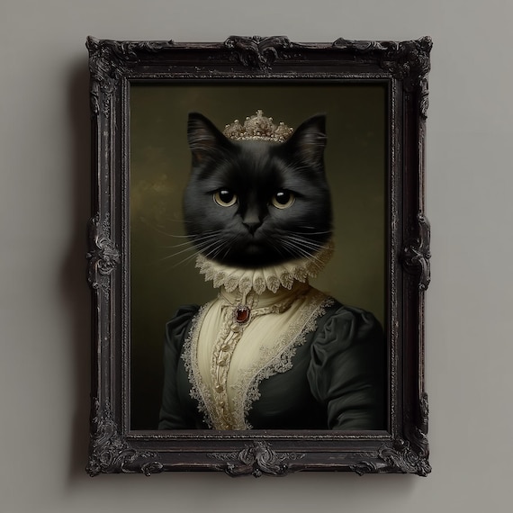 Gothic Black Cat Portrait Victorian Queen Dark Academia Print