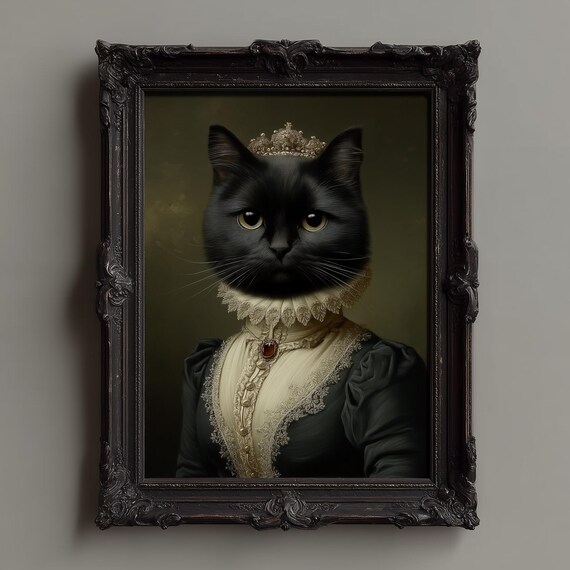 Gothic Cat Portrait Dark Academia Animal Art Victorian Print Witchy Home Decor Baroque Pet Wall Poster