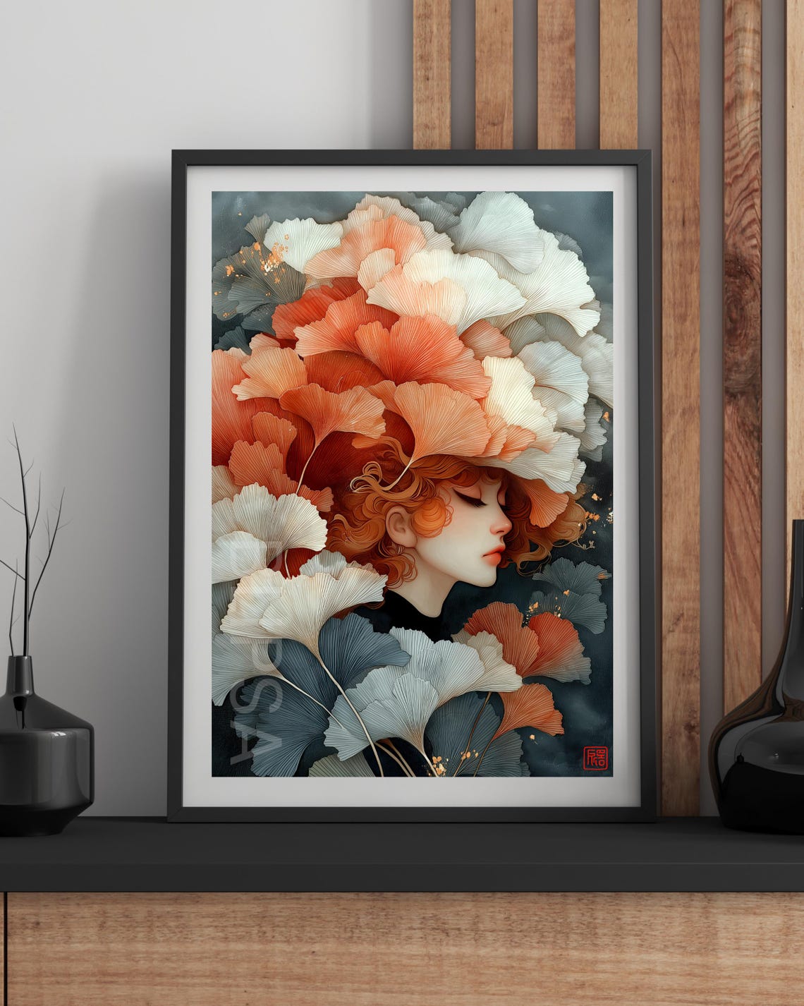 Woman with Ginkgo Leaves Botanical Surreal Portrait Art Poster