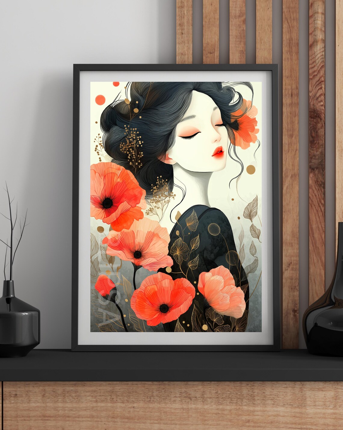 Woman Among Red Poppies Dreamy Botanical Portrait Art Poster