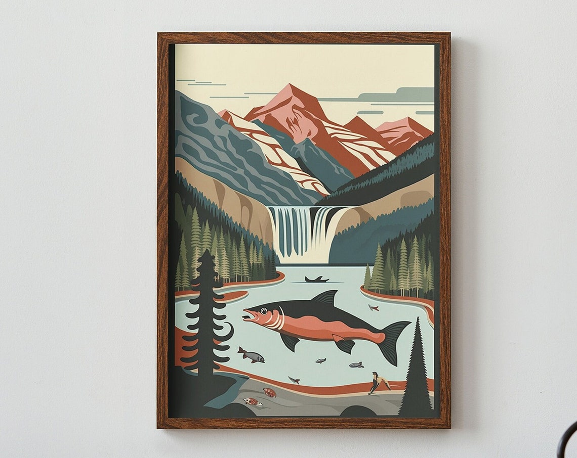 Wild Salmon Leaping Mountain Lake Waterfall Forest Nature Art Poster