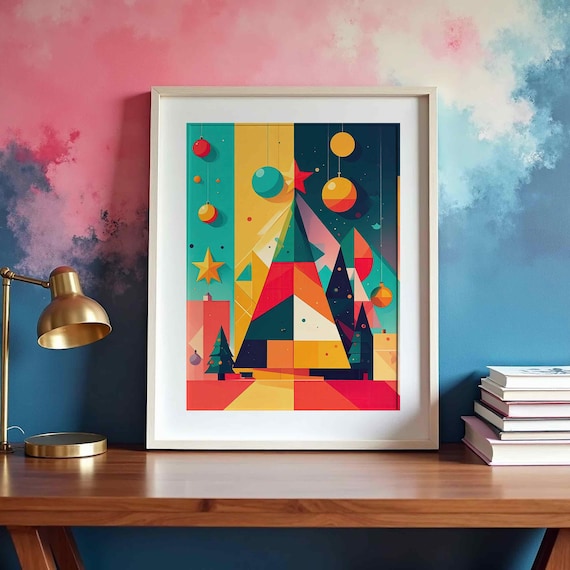 Geometric Christmas Tree Ornaments Retro Mid Century Holiday Poster