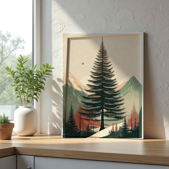 Tall Pine Forest Mountain Sunset Scene Vintage Scandinavian Nature Poster
