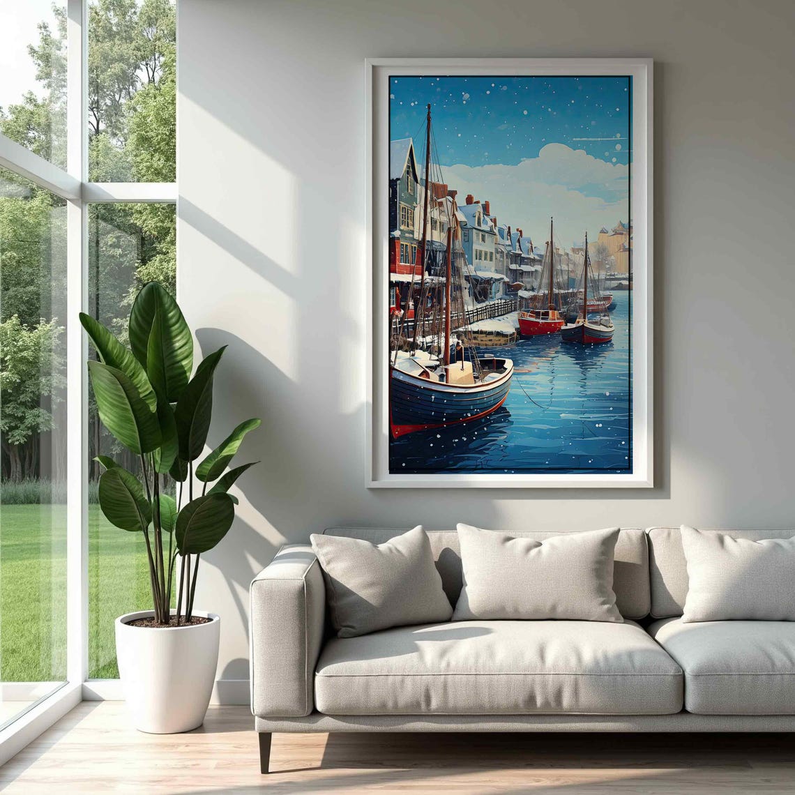 Winter Harbor Sailboats Snowy Row Houses Falling Snow Night Wall Art