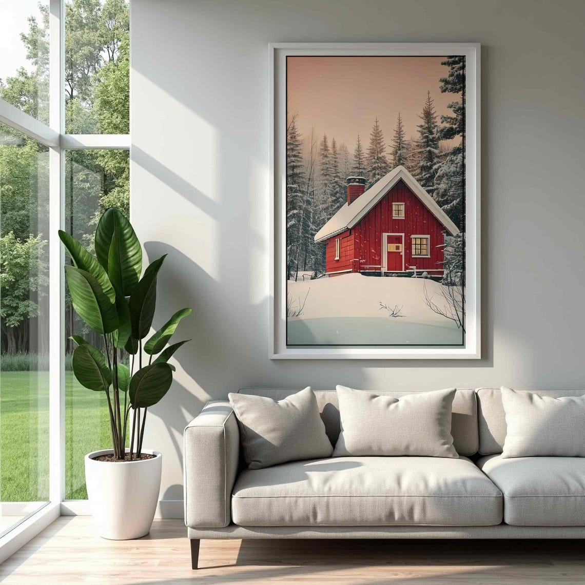 Cozy Red Winter Cabin Snowy Forest Vintage Christmas Lodge Poster