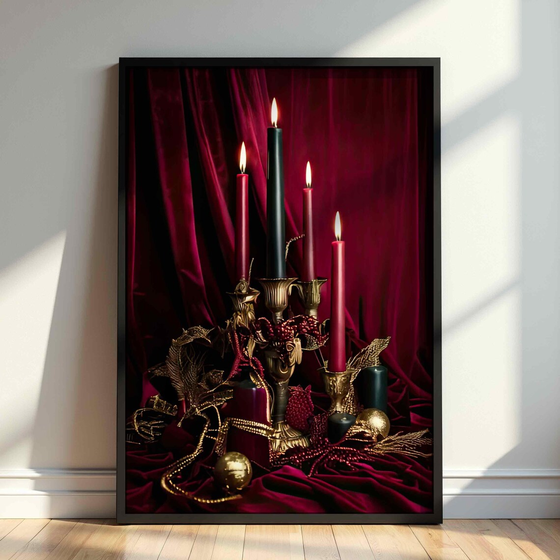 Moody Black Candles Burgundy Velvet Gothic Christmas Wall Poster