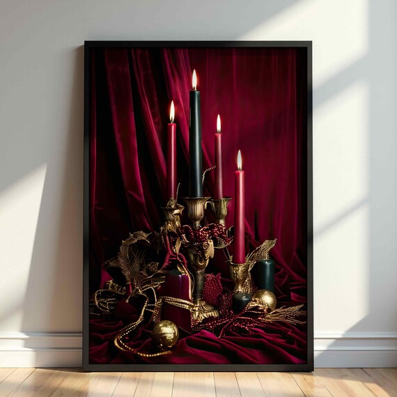 Moody Black Candles Burgundy Velvet Gothic Christmas Wall Poster