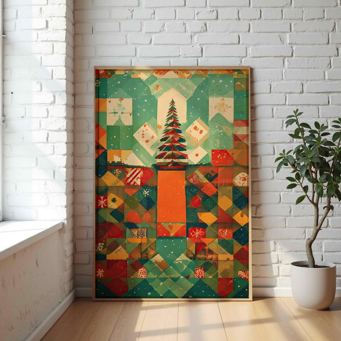 Geometric Christmas Quilt Patchwork Tree Festive Holiday Decor Poster