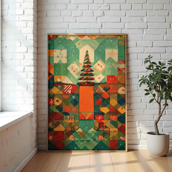 Geometric Christmas Quilt Patchwork Tree Festive Holiday Decor Poster