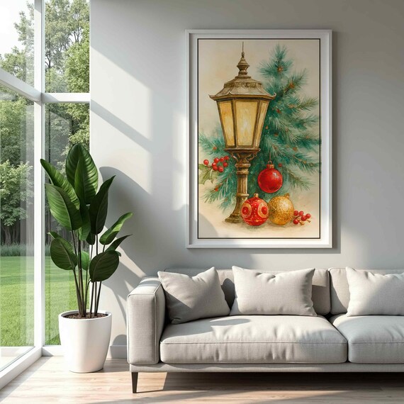 Vintage Golden Lantern Christmas Watercolor Ornaments Poster Art