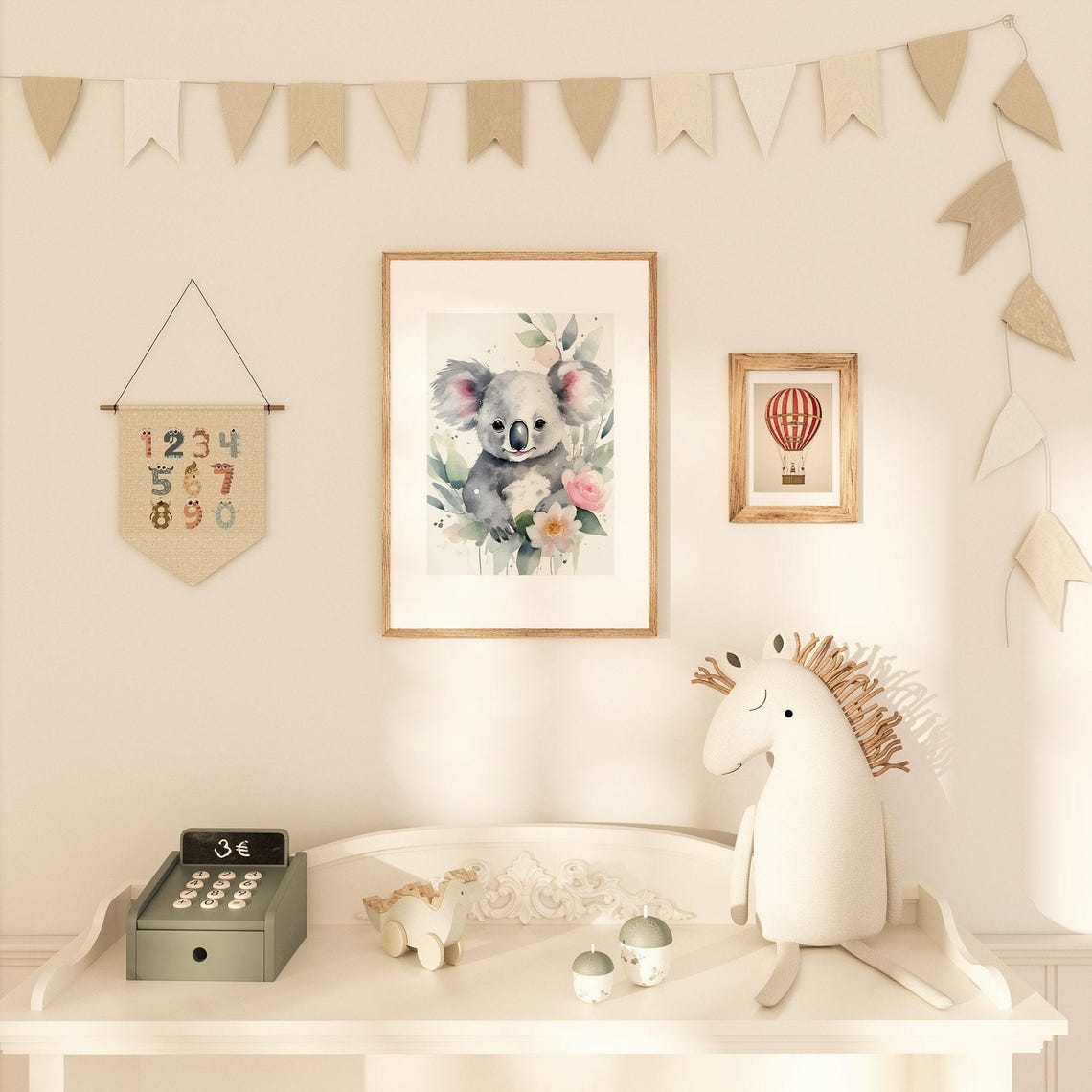 Cute Baby Koala Watercolor Nursery Portrait With Pink Flowers Poster - Image 2