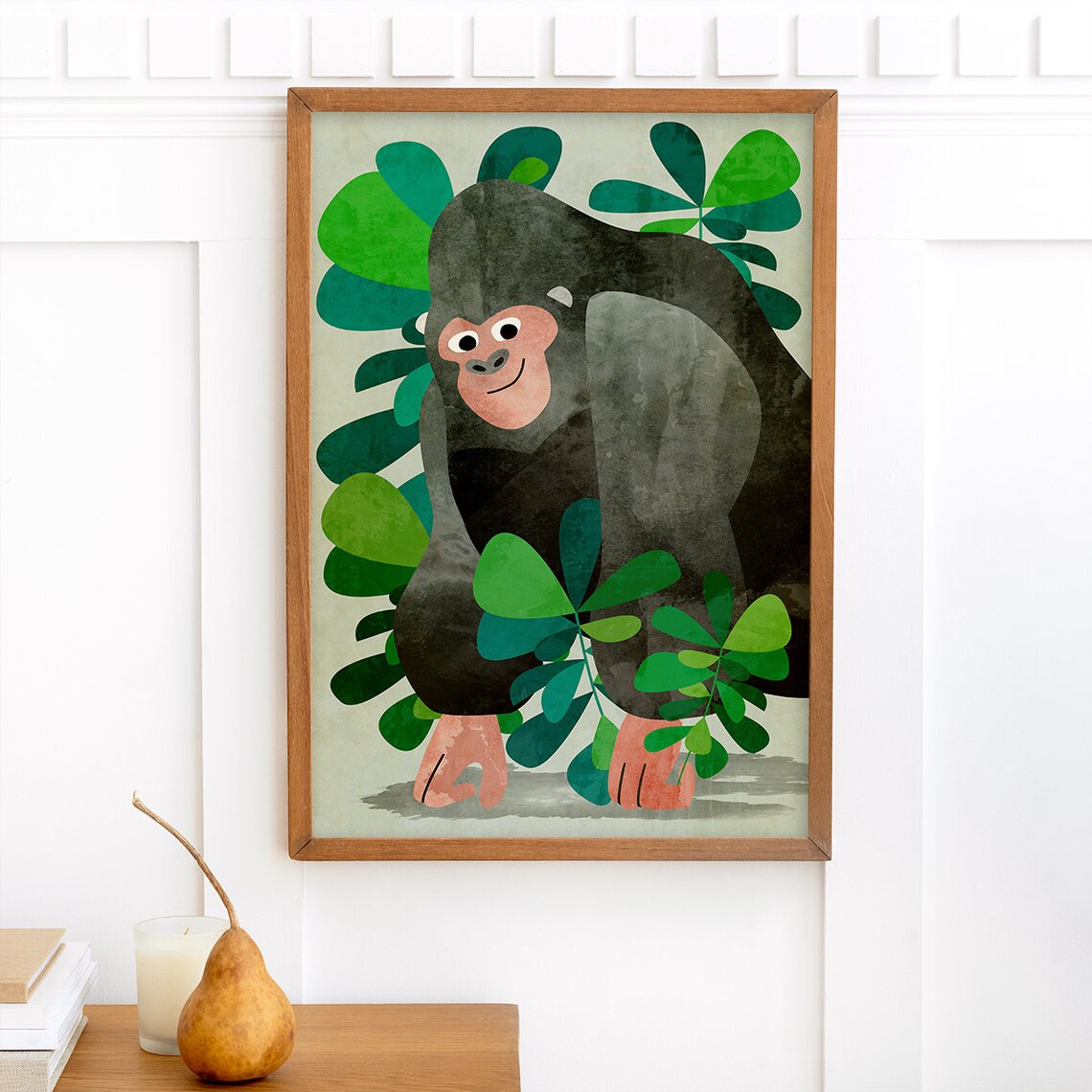 Friendly Gorilla Jungle Leaves Watercolor Nursery Kids Room Art Poster - Image 4