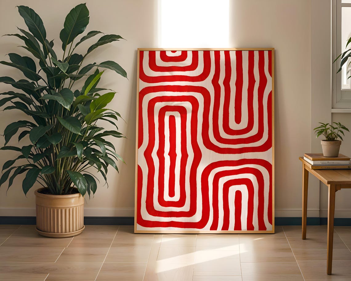 Red Geometric Wavy Line Abstract Bold Modern Pattern Art Poster - Image 2