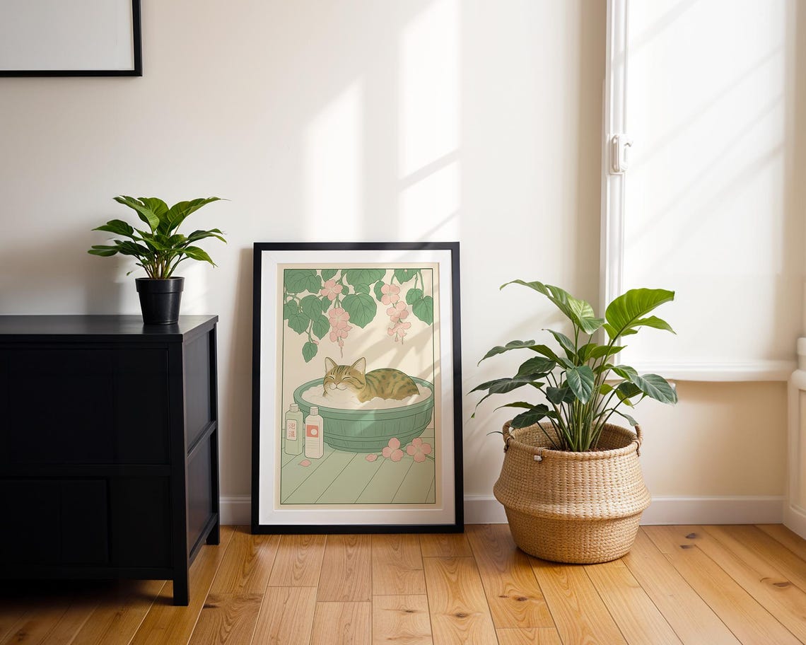 Tabby Cat Bubble Bath Japanese Illustration Bathroom Art Poster - Image 2