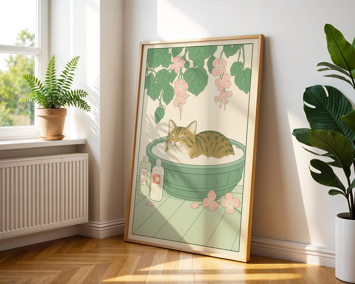 Tabby Cat Bubble Bath Japanese Illustration Bathroom Art Poster - Image 8