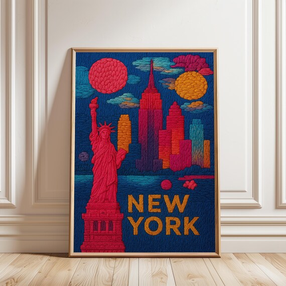 New York City Embroidered Statue Of Liberty Skyline Art Poster