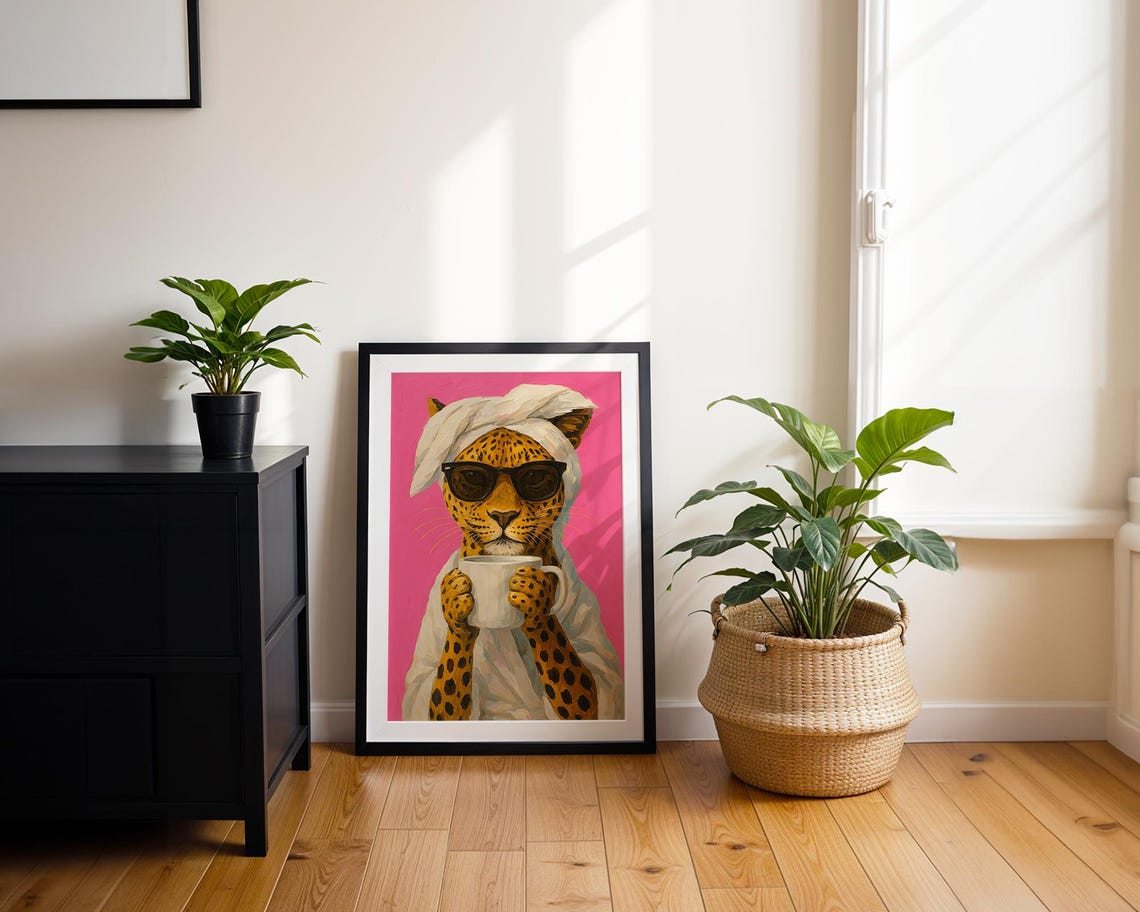Printable Wall Art Leopard Drinking Coffee Print Funny Animal Bathroom Decor Maximalist Cat Poster Bold Trendy Kitchen - Image 3