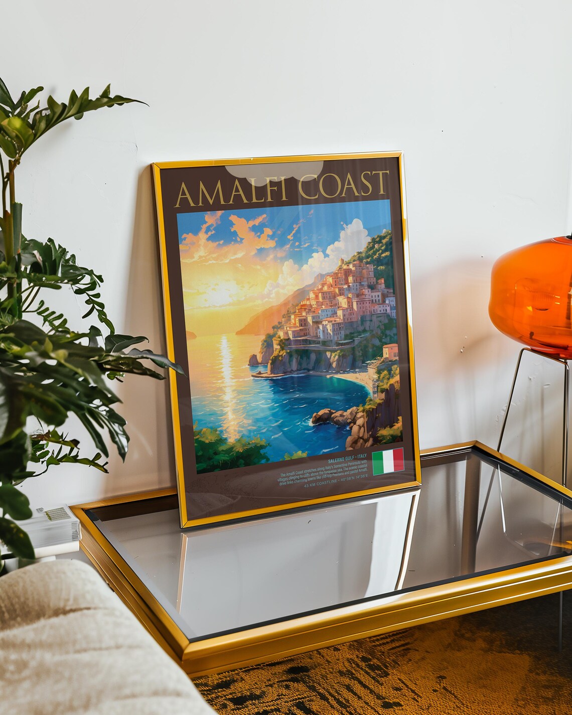 Amalfi Coast Italy Vintage Golden Sunset Seaside Travel Art Poster - Image 5