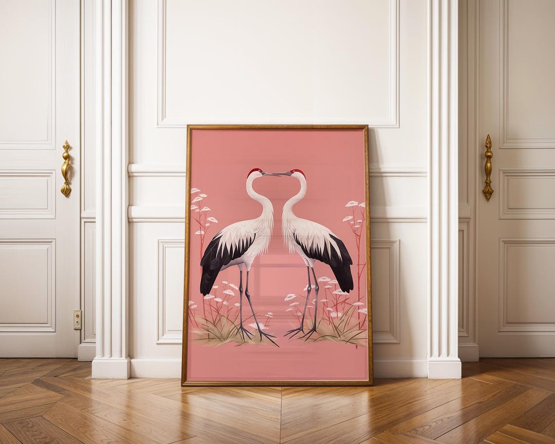 Two Red Crowned Cranes Pink Blossom Japanese Style Art Poster - Image 7