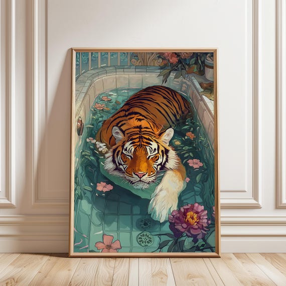 Luxury Tiger Bath Art Exotic Bathroom Decor Maximalist Wall Wild Animal Print Colorful Jungle Poster Trendy