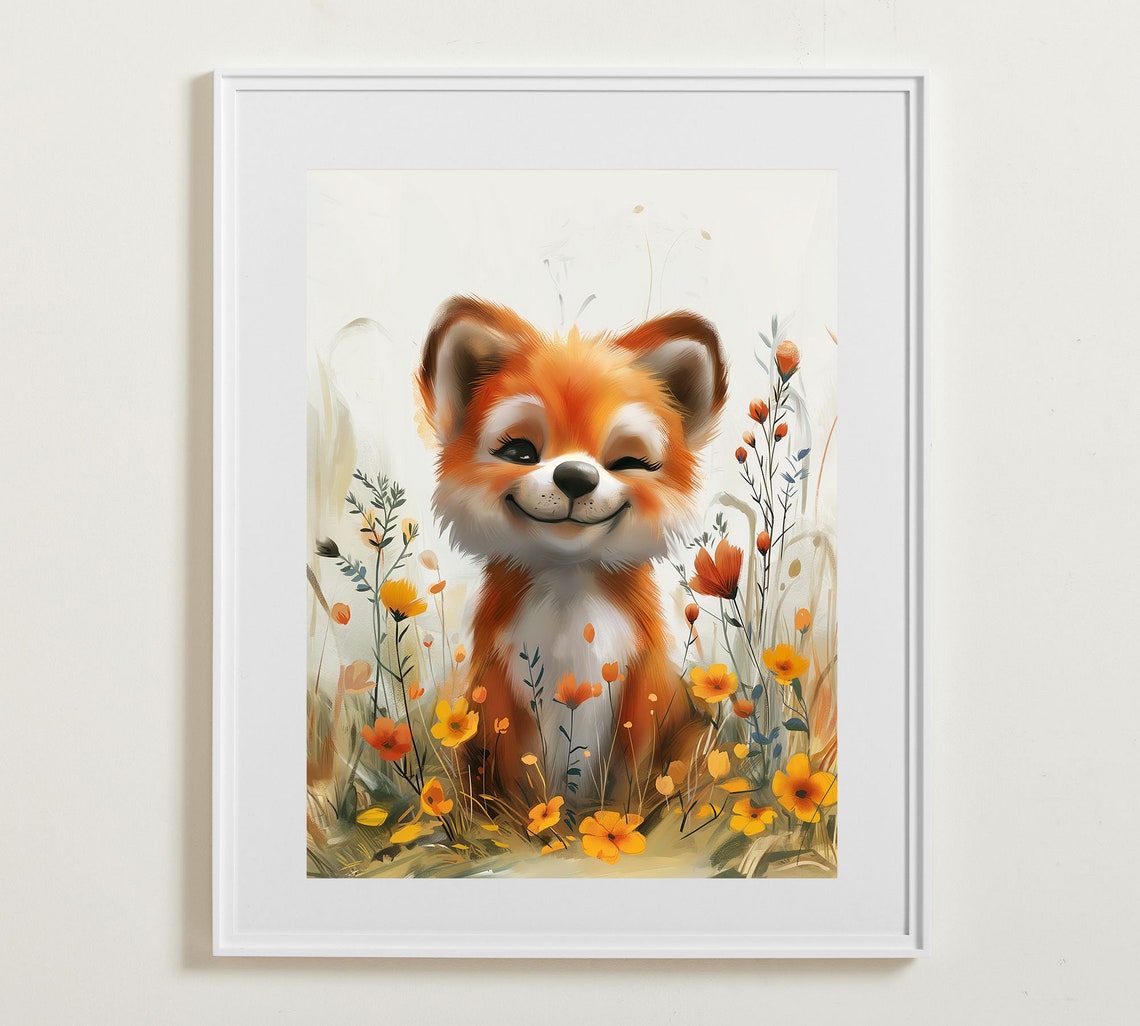 Cute Baby Fox Cub Winking Among Orange Wildflowers Watercolor Poster