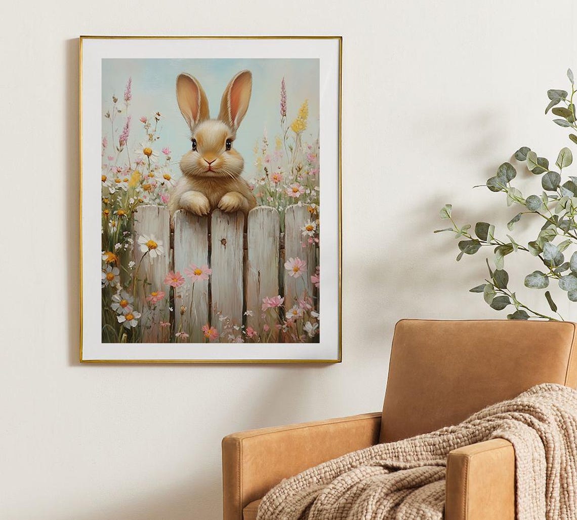 Cute Bunny Rabbit Peeking Over White Picket Fence Spring Poster - Image 5