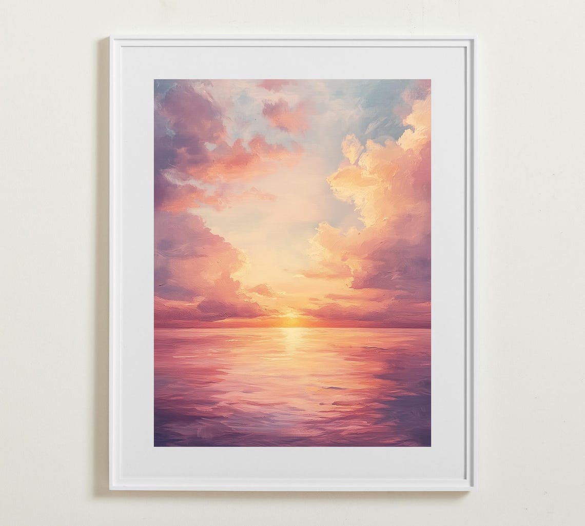 Pink Sunset Clouds Over Ocean Water Seascape Oil Painting Poster