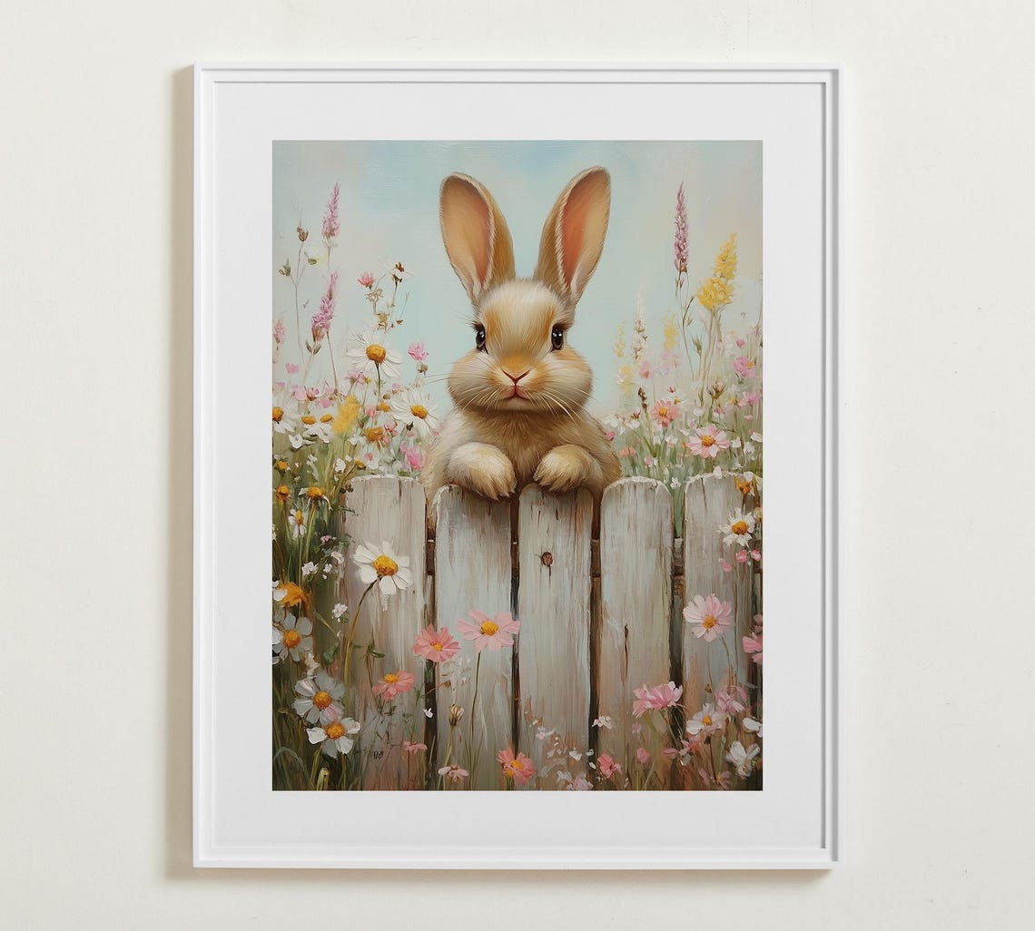 Cute Bunny Rabbit Peeking Over White Picket Fence Spring Poster
