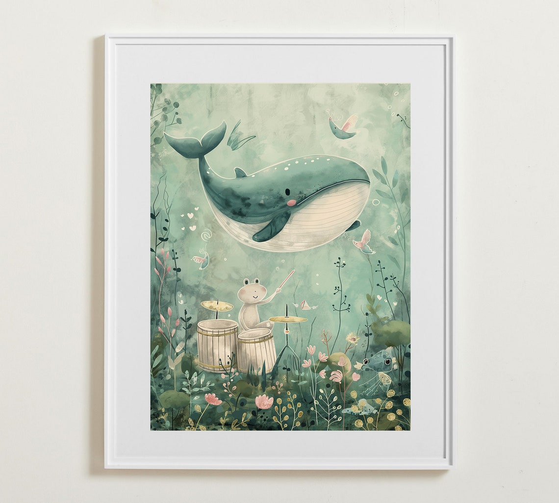 Cute Whale and Frog Playing Drums in an Underwater Scene Poster