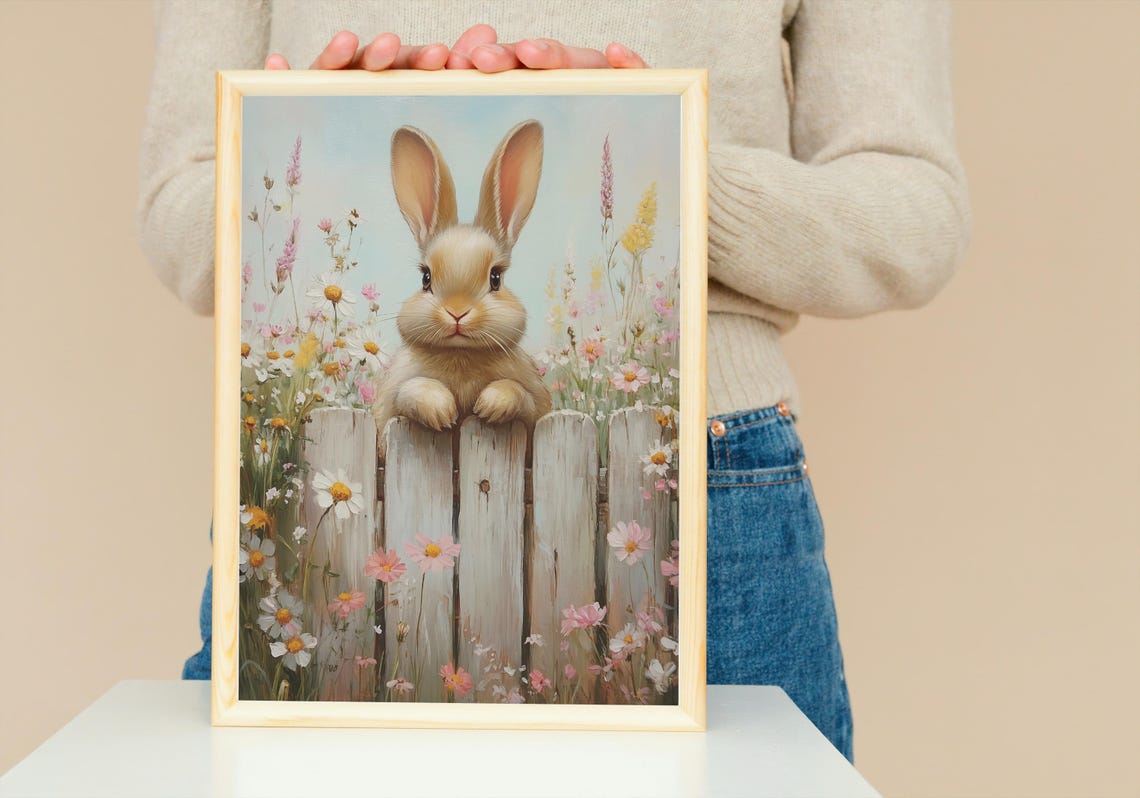 Cute Bunny Rabbit Peeking Over White Picket Fence Spring Poster - Image 4