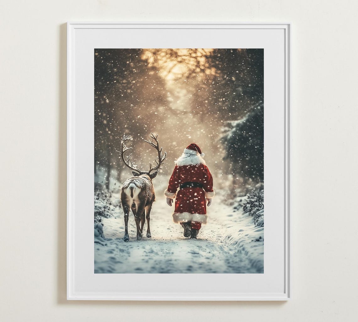 Santa Claus Walking with Reindeer in Golden Snowy Forest Scene Poster