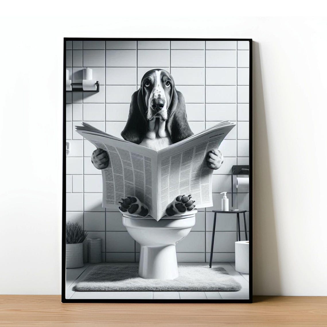 Funny Basset Hound Bathroom Wall Art Basset Hound Sitting On Toilet Basset Bathroom Decor Pet In Toilet Humor Basset Dog
