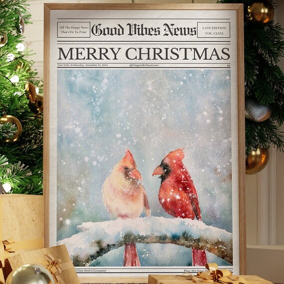 Merry Christmas Newspaper Poster Watercolor Cardinals Snowy Branch Artwork