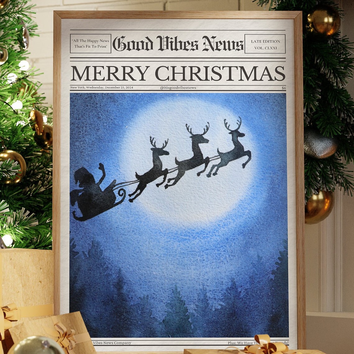 Merry Christmas Newspaper Poster Santa Sleigh Moonlight Reindeer Scene Art