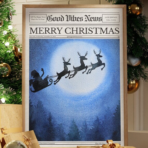 Merry Christmas Newspaper Poster Santa Sleigh Moonlight Reindeer Scene Art