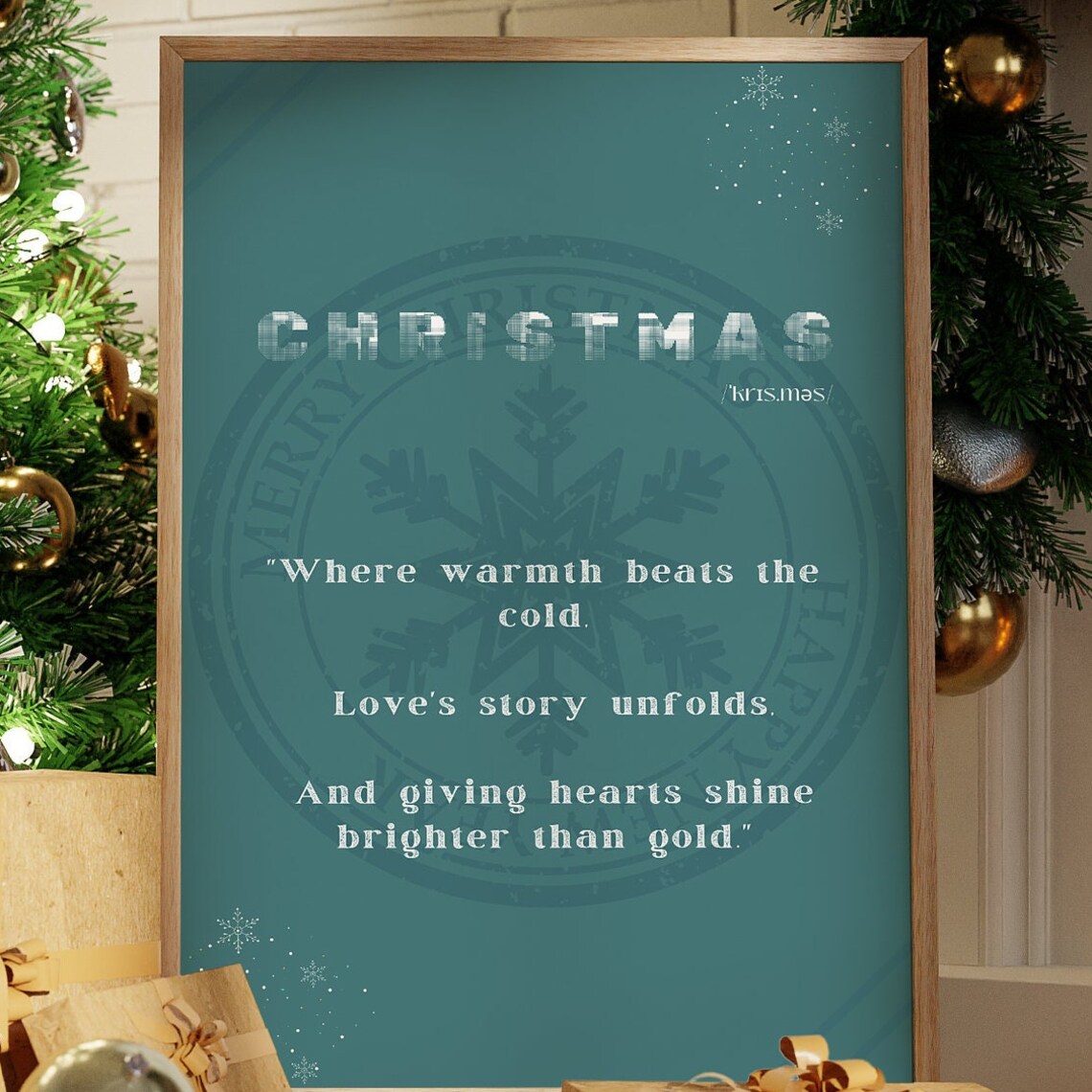 Christmas Definition Print Teal Snowflake Stamp Heartfelt Quote Wall Decor