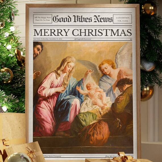 Merry Christmas Newspaper Poster Classic Nativity Painting Religious Art