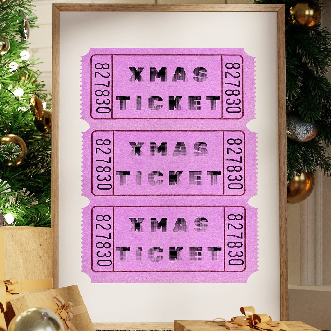 Pink Xmas Ticket Stub Poster Retro Christmas Cinema Ticket Scene Decor