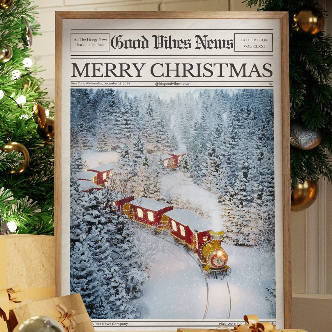 Merry Christmas Newspaper Poster Festive Red Train Snowy Forest Scene Art