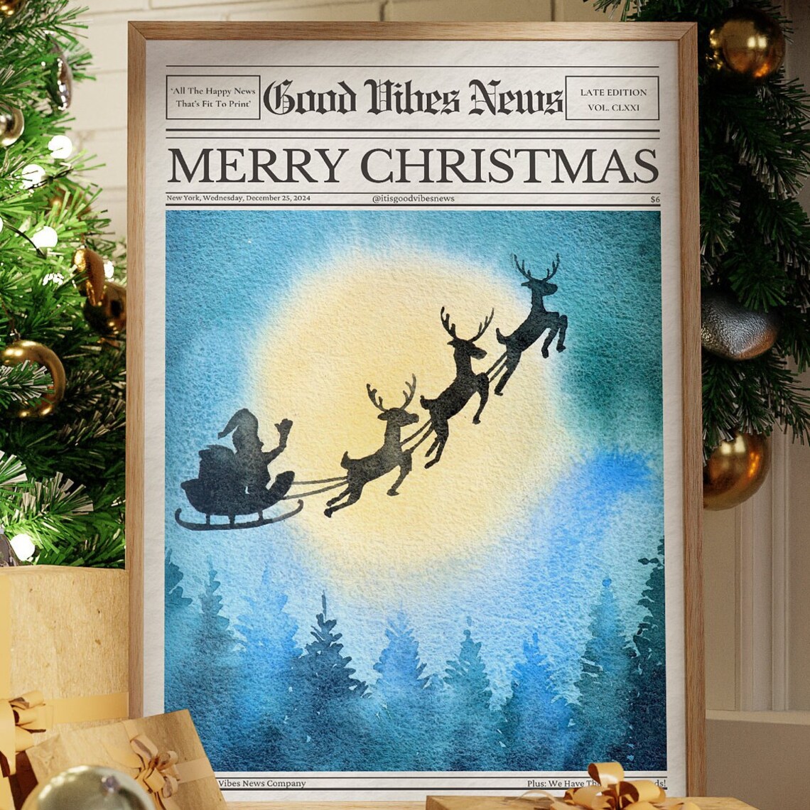 Merry Christmas Newspaper Poster Santa Sleigh Golden Moon Watercolor Art