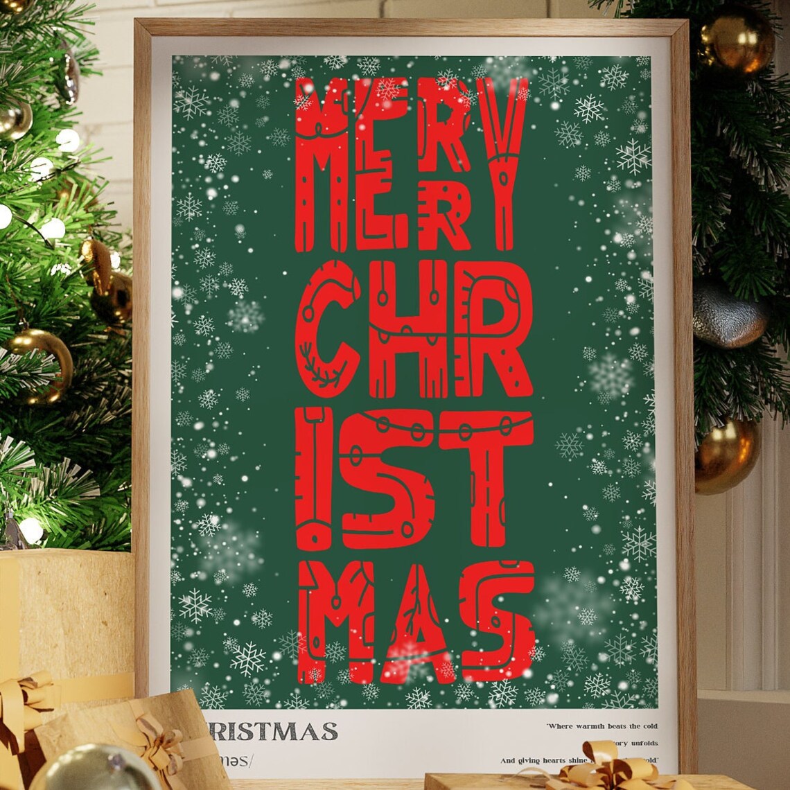 Merry Christmas Retro Lettering Wall Art Red Green Snowflake Holiday Decor