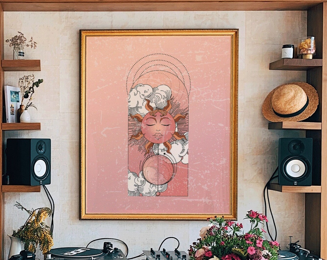Celestial Sun Moon Face Peach Vintage Archway Boho 70s Art Poster