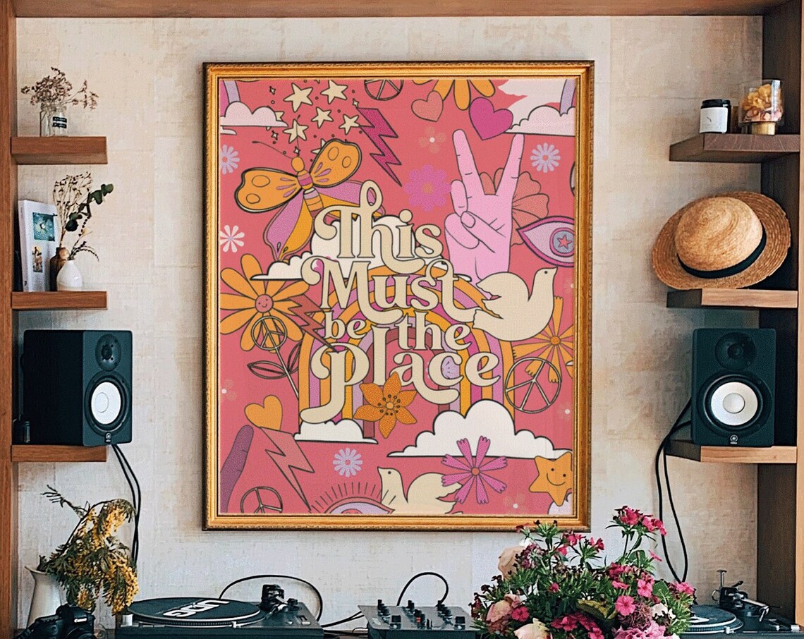 This Must Be the Place Pink Groovy Collage Quote Hippie Art Poster