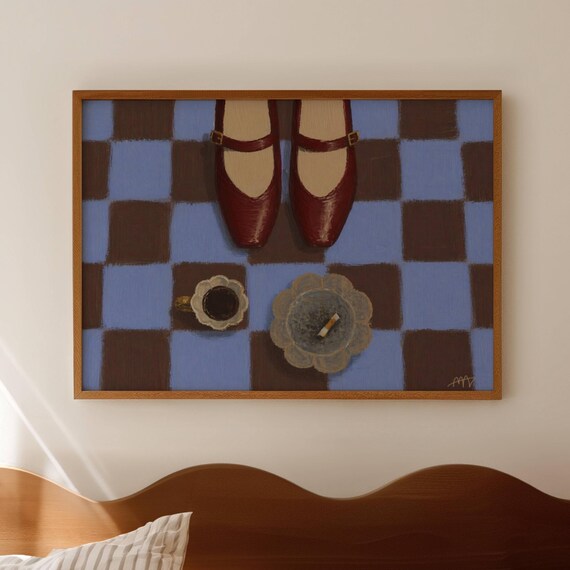 Ballet Flats And Cigarettes Oil Painting Print Horizontal Above Bed Contemporary Wall Art Hand Drawn Mid Century Modern Still Life Poster