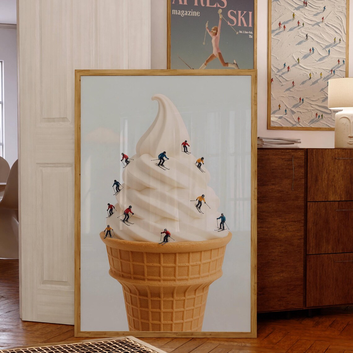 Mini Skiers Illustration Poster, Funky Après Ski Decor