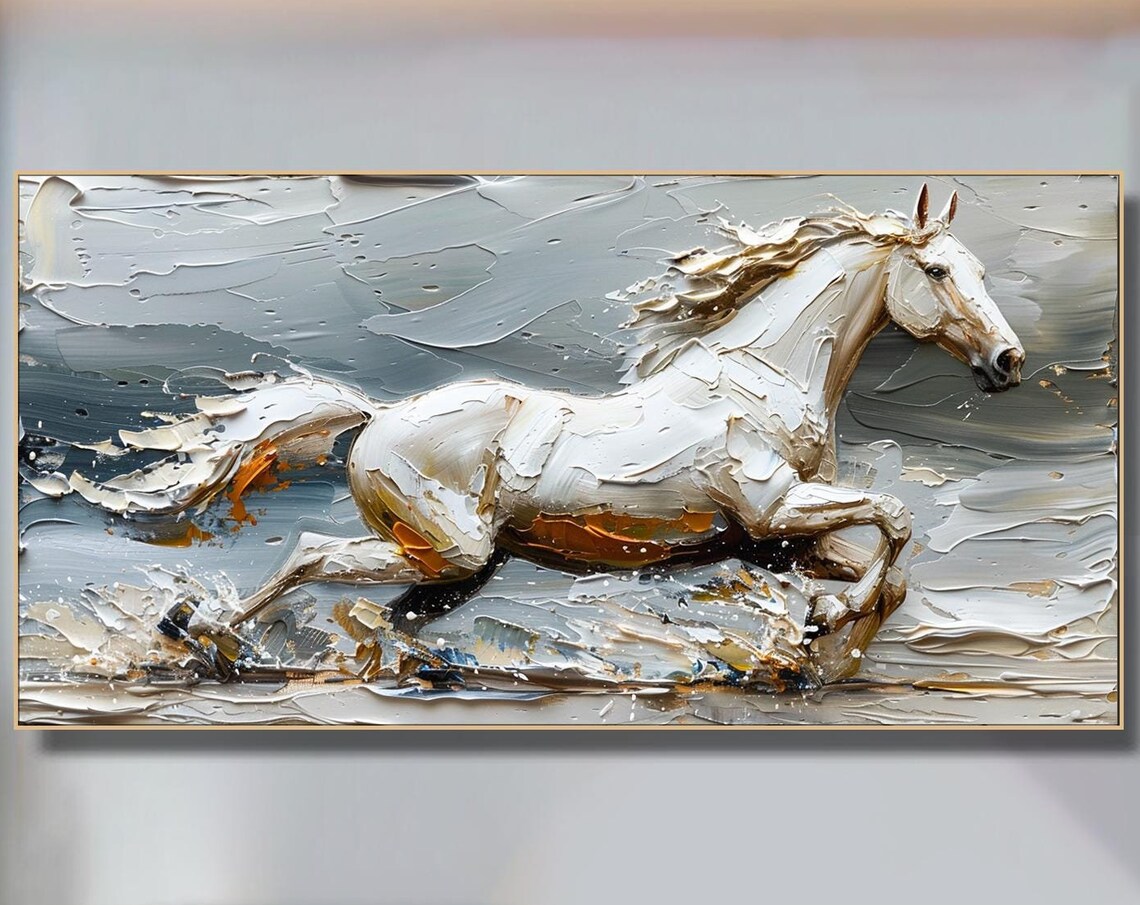 White Horse Galloping Gray Gold Impasto Textured Painting Wall Art